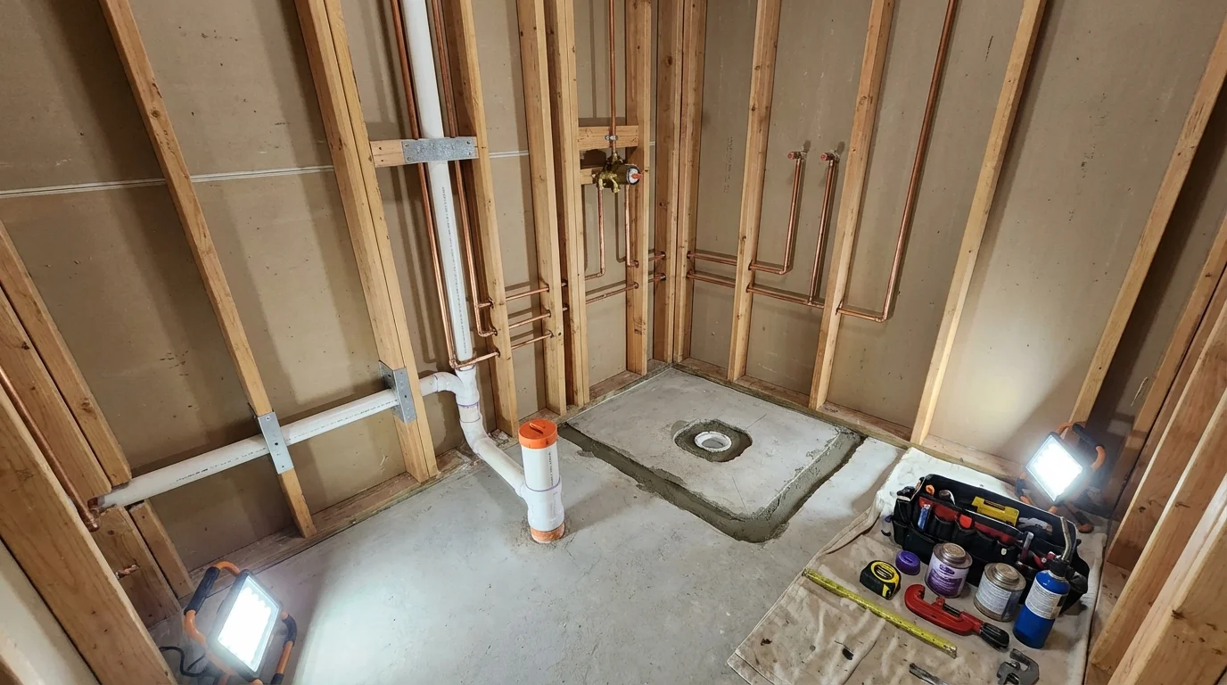 Bathroom rough-in plumbing during remodel by Johns Plumbing LLC in Shelley