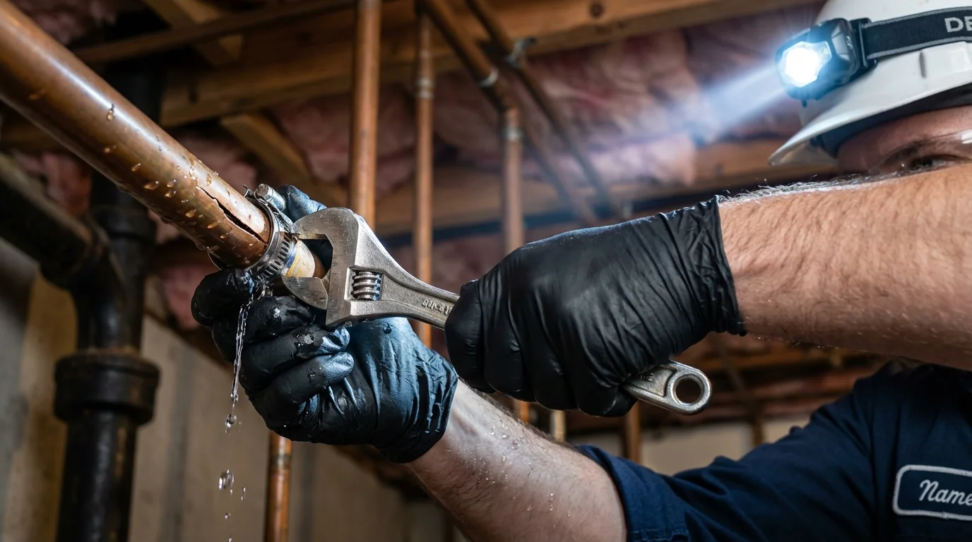 Emergency pipe clamp repair being performed by a Johns Plumbing LLC plumber in Shelley