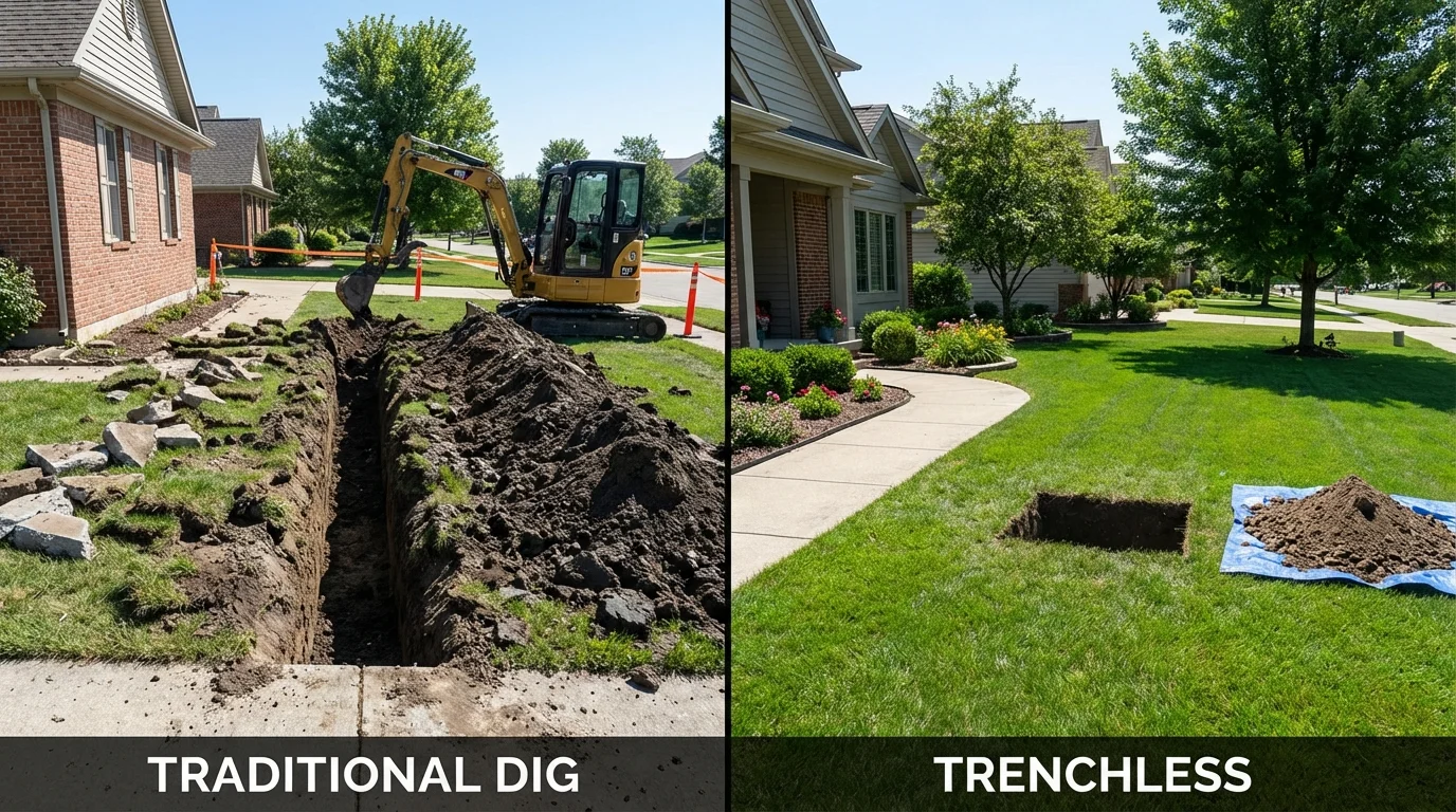 Trenchless sewer repair with minimal yard damage versus traditional excavation in Shelley, ID