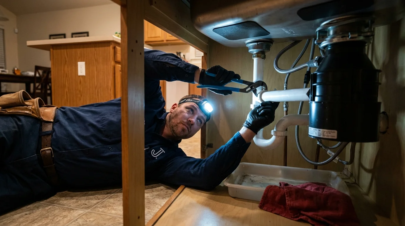 P-trap and supply line connections under a kitchen sink showing a common leak point in Shelley, ID